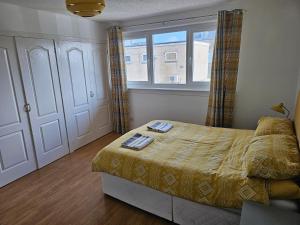 um quarto com uma cama e uma janela em Snug - Colquhoun Square Apartment em Helensburgh
