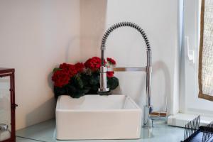 a bathroom sink with a faucet and red flowers at 9b-The Tiny House in Sežana