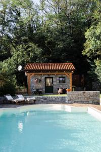 a small house next to a large swimming pool at 9b-The Tiny House in Sežana