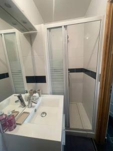 La salle de bains est pourvue d'un lavabo blanc et d'une douche. dans l'établissement L8 - Villiers-le-Bel proche ROISSY & PARIS, à Villiers-le-Bel