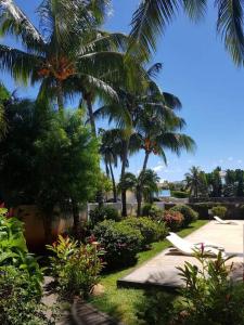 einen Garten mit Palmen und einem Surfbrett auf dem Gras in der Unterkunft Appartment et piscine in Flic-en-Flac