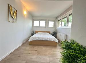 a bedroom with a bed in a room with windows at L'Élégant in Douvaine