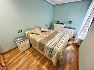ein Schlafzimmer mit einem großen Bett und Holzboden in der Unterkunft Apartamento Hugu in Oviedo