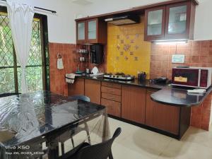 a kitchen with wooden cabinets and a counter top at Ronne's ZED Penthouse and apartment in Arpora