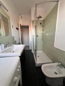 La salle de bains est pourvue d'un lavabo, de toilettes et d'une douche. dans l'établissement Appartamento con vista mare e parcheggio, à Trieste