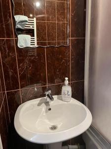 a bathroom sink with a soap bottle on it at Golden Rose in Chişinău