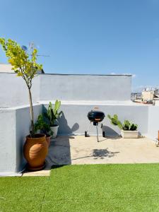 un patio avec un grill et des plantes en pot ainsi qu'une bbqarmaarma dans l'établissement Yuna Penthouse, 100sqm private rooftop terrasse, Acropolis by foot, à Athènes