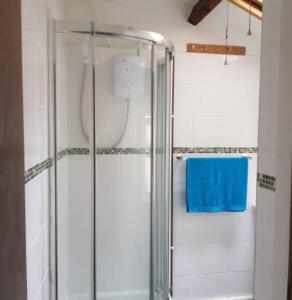 um chuveiro com uma porta de vidro na casa de banho em Patrick's Bar em Bangor