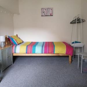 a bedroom with a bed with a colorful blanket at Patrick's Bar in Bangor