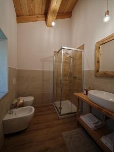 a bathroom with a shower and a sink and a toilet at Appartamenti il bersaio Alloggio 4 in Sambuco