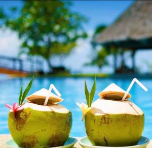 duas metades de coco sentadas em pratos junto a uma piscina em Duplex Green Paradise , piscine , accès mer 5mn em Le Diamant