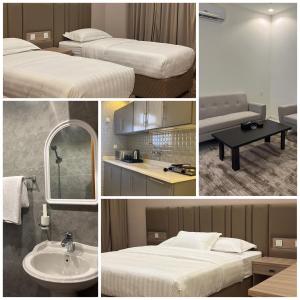 قمم بارك 3 Qimam Park Hotel في أبها: مجموعة من الصور لغرفة فندقية بها اسرة ومغسلة