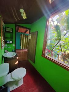 ein grünes Bad mit 2 WCs und einem Fenster in der Unterkunft Finca La Puesta del Sol - Miramar de Sierpe in Sierpe