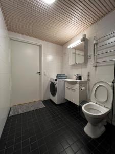 ein Badezimmer mit einem WC, einem Waschbecken und einer Waschmaschine in der Unterkunft Top floor flat with sauna, A/C & free parking in Vantaa
