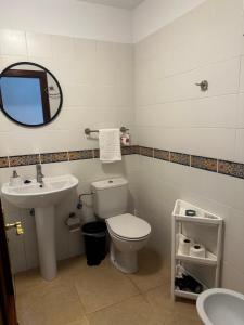een badkamer met een wastafel, een toilet en een spiegel bij Terraza con vistas mar/montaña in Buenavista del Norte