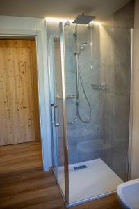 a bathroom with a shower with a glass door at Balibà Ride & Relax in Castione Andevenno