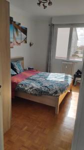 1 dormitorio con cama y ventana en Fougères 77 m2, 2 chambres, garage , Balcon, en Fougères