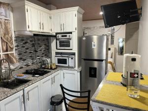 a kitchen with white cabinets and a stainless steel refrigerator at Odyssey Suites Loft Apartment in Georgetown