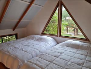1 dormitorio con cama y ventana grande en Haasienda - Nido del Colibri - Casa de Arbol, 