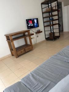 ein Zimmer mit einem Bett, einem Tisch und einem Fernseher in der Unterkunft Baires Garden in Buenos Aires