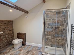a bathroom with a shower and a toilet at The Hamilton luxury holiday let's- The Coach House with hot tub in Scorton