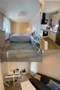 2 fotos de un dormitorio y una sala de estar en Modern and well done flat Geneva - self check-in en Saint-Genis-Pouilly