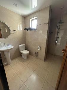 a bathroom with a toilet and a sink and a shower at villa with beautiful view 3 in Tbilisi City