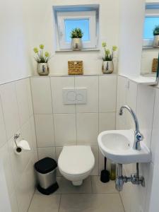 a white bathroom with a toilet and a sink at Ferienwohnung DeuxPonts II in Rimschweiler