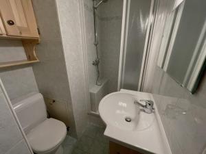 La salle de bains est pourvue d'un lavabo, de toilettes et d'une douche. dans l'établissement Studio Les Menuires, 1 pièce, 2 personnes - FR-1-452-161, aux Menuires