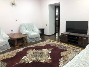 a living room with a tv and two chairs and a rug at ADMIRAL in Termiz