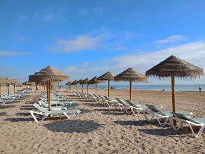 una fila de sillas y sombrillas en una playa en Apartamento dos habitaciones primera línea de playa, en Valencia