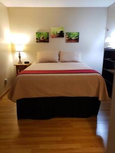 ein Schlafzimmer mit einem Bett mit zwei Bildern an der Wand in der Unterkunft Entire 1 BR Condo- Near Anschutz, UC Health, DIA- In-Unit Washer Dryer- Seasonal Discounts! in Aurora