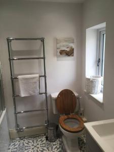 a bathroom with a toilet with a wooden seat at St Anthony’s, bright perkily decorated 3 bedroom house in Ampleforth