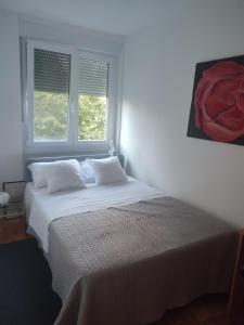 Cama blanca en habitación con 2 ventanas en Apartman MINNA2, free parking en Osijek