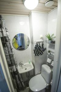 een badkamer met een toilet, een wastafel en een spiegel bij Atmospheric hundred-year-old stone house apartment near Aurajoki in Turku