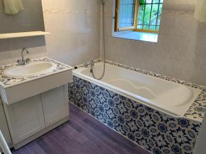 a bathroom with a sink and a bath tub at Gîte paisible au cœur des montagnes à Nohèdes in Nohèdes +14 photos
