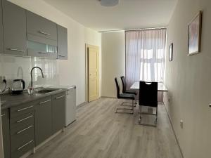 a kitchen with a sink and a table with chairs at KK Apartments in Prague