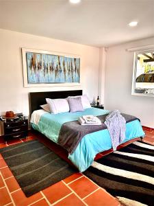 1 dormitorio con 1 cama y una pintura en la pared en Ruitoque Maravillosa Vista 1,5 Km Parque Parapente, en Floridablanca