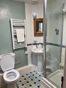 a bathroom with a toilet and a sink and a shower at Amelie Cottage in Beaumaris +9 photos
