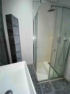 een badkamer met een douche met een glazen achterdeur bij Appart le Charmant, Cœur Historique, Climatisation et Wifi in Montpellier