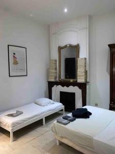 2 camas en una habitación con espejo y chimenea en Appart le Charmant, Cœur Historique, Climatisation et Wifi en Montpellier