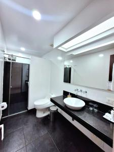a bathroom with a sink and a toilet and a shower at Hotel Neiva Plaza in Neiva