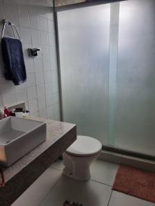ein Bad mit einem Waschbecken, einem WC und einer Dusche in der Unterkunft Casa lindo aconchego praia mar in Itaparica Town