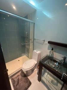 ein Bad mit einer Dusche, einem WC und einem Waschbecken in der Unterkunft Apartamento Cali, Ciudad Jardin in Cali