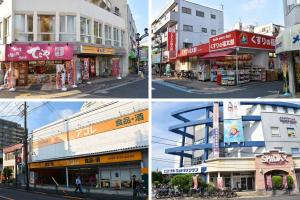 four different views of a city street with buildings at Jing House Koiwa - Vacation STAY 62678v in Tokyo