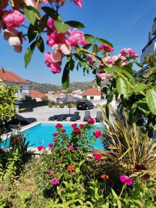 a view of a swimming pool with pink flowers at Villa Barbara & Zoran with heated swimming pool in Seget Vranjica