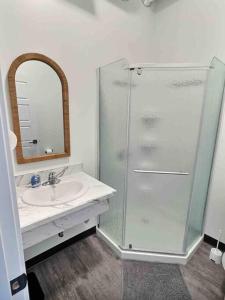 a bathroom with a shower and a sink at Summer Suite - Pet Friendly in Brandon