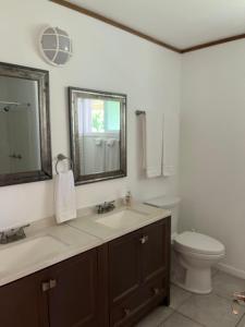 a bathroom with a sink and a toilet and a mirror at Aaron’s cottage in Hilo