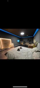 een slaapkamer met een groot wit bed met blauwe verlichting bij Jentelmen rooms in Haifa