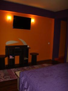a bedroom with a bed and a flat screen tv at Casa Nicoli in Băile Olăneşti